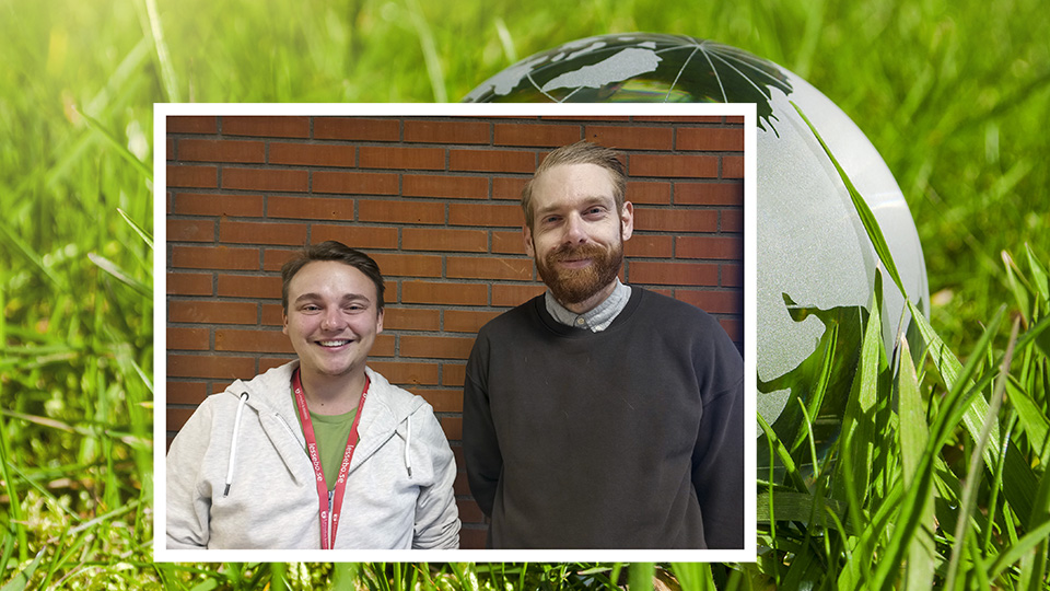Fotocollage med foto på Isac Mihlté och Svante Möller mot en bakgrund med grönt gräs och en jordglob i glas.